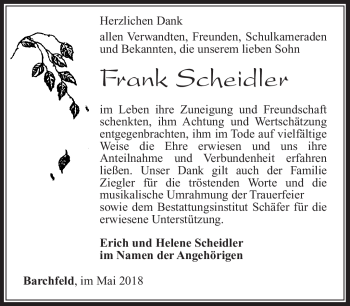 Traueranzeige von Frank Scheidler von Südthüringer Presse