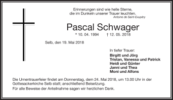 Traueranzeige von Pascal Schwager von Frankenpost