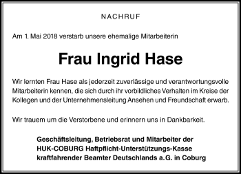 Traueranzeige von Ingrid Hase von Neue Presse Coburg