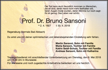 Traueranzeige von Prof. Dr. Bruno Sansoni von Frankenpost