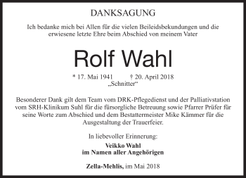 Traueranzeige von Rolf Wahl von Südthüringer Presse