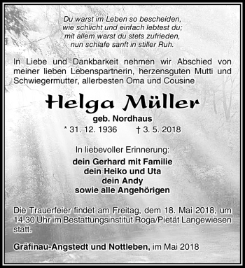 Traueranzeige von Helga Müller von Südthüringer Presse