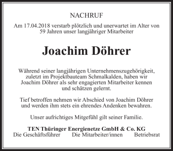 Traueranzeige von Joachim Döhrer von Südthüringer Presse