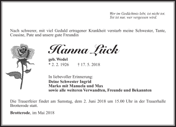 Traueranzeige von Hanna Lück von Südthüringer Presse