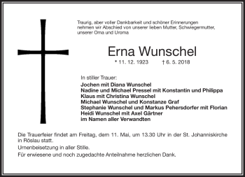 Traueranzeige von Erna Wunschel von Frankenpost