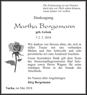 Traueranzeige von Martha Bergemann von Südthüringer Presse
