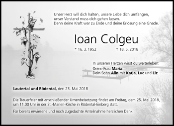 Traueranzeige von Ioan Colgeu von Neue Presse Coburg