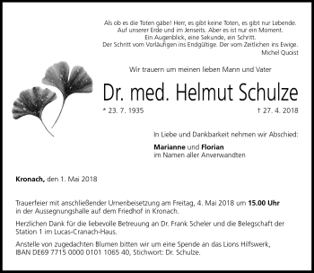 Traueranzeige von Helmut Schulze von Neue Presse Coburg