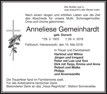 Traueranzeige von Anneliese Gemeinhardt von Frankenpost