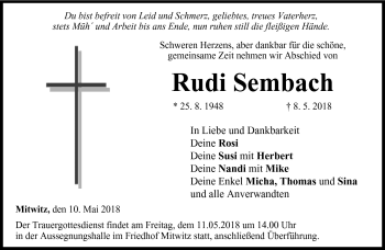 Traueranzeige von Rudi Sembach von Neue Presse Coburg