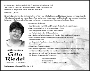 Traueranzeige von Gitta Riedel von Südthüringer Presse
