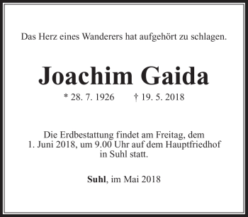 Traueranzeige von Joachim Gaida von Südthüringer Presse