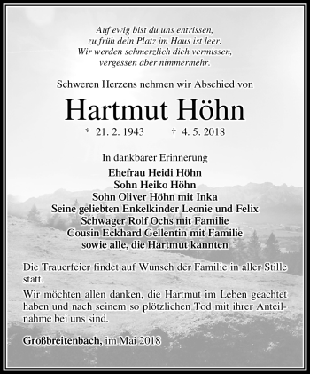 Traueranzeige von Hartmut Höhn von Südthüringer Presse