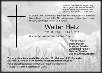 Traueranzeige von Walter Hetz von Frankenpost