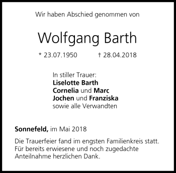 Traueranzeige von Wolfgang Barth von Neue Presse Coburg