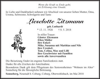 Traueranzeige von Lieselotte Zitzmann von Südthüringer Presse