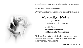 Traueranzeige von Veronika Pabst von Südthüringer Presse