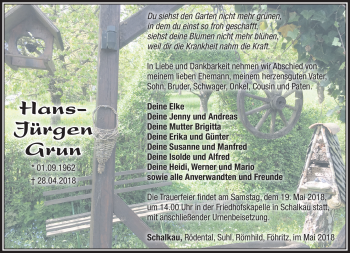 Traueranzeige von Hans-Jürgen Grun von Südthüringer Presse