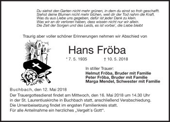 Traueranzeige von Hans Fröba von Neue Presse Coburg