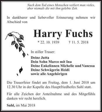 Traueranzeige von Harry Fuchs von Südthüringer Presse