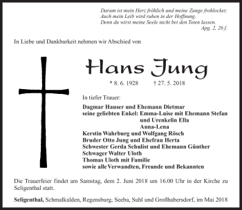 Traueranzeige von Hans Jung von Südthüringer Presse