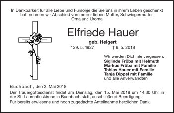 Traueranzeige von Elfriede Hauer von Neue Presse Coburg