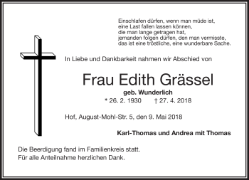 Traueranzeige von Edith Grässel von Frankenpost