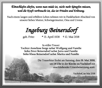Traueranzeige von Ingeburg Beinersdorf von Südthüringer Presse