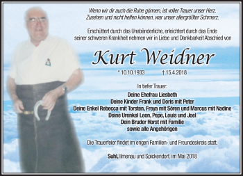 Traueranzeige von Kurt Weidner von Südthüringer Presse