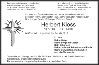 Traueranzeige von Herbert Kloss von Frankenpost