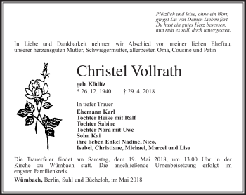 Traueranzeige von Christel Vollrath von Südthüringer Presse