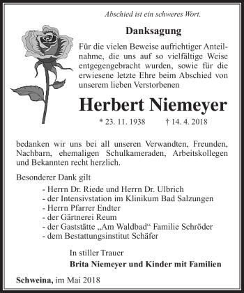 Traueranzeige von Herbert Niwmw<we von Südthüringer Presse