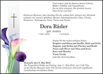 Traueranzeige von Dora Räder von Neue Presse Coburg