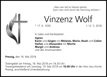 Traueranzeige von Vinzenz Wolf von Neue Presse Coburg