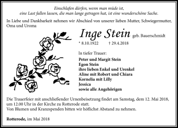 Traueranzeige von Inge Stein von Südthüringer Presse
