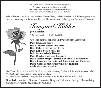 Traueranzeige von Irmgard Köhler von Südthüringer Presse