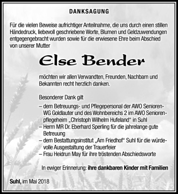 Traueranzeige von Else Bender von Südthüringer Presse