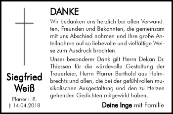 Traueranzeige von Siegfried Weiß von Frankenpost