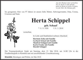 Traueranzeige von herta Schippel von Südthüringer Presse