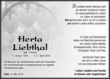 Traueranzeige von Herta Liebthal von Südthüringer Presse