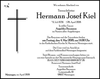 Traueranzeige von Hermann Josef Kiel von Südthüringer Presse