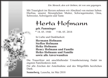 Traueranzeige von Hertha Hofmann von Südthüringer Presse