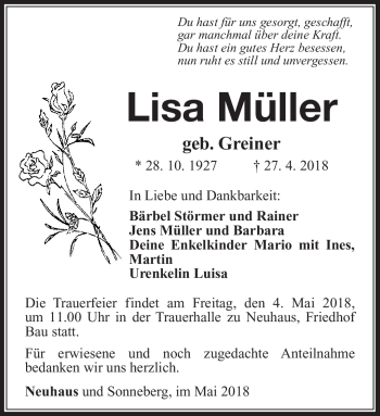 Traueranzeige von Lisa Müller von Südthüringer Presse