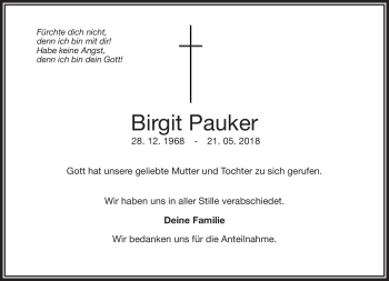 Traueranzeige von Birgit Pauker von Frankenpost