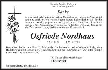 Traueranzeige von Osfriede Nordhaus von Südthüringer Presse