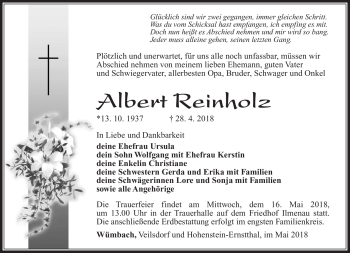 Traueranzeige von Albert Reinholz von Südthüringer Presse