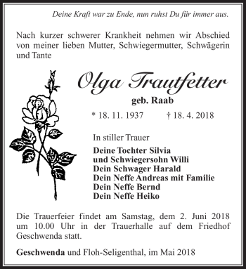 Traueranzeige von Olga Trautfetter von Südthüringer Presse