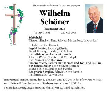 Traueranzeige von Wilhelm Schöner von Frankenpost