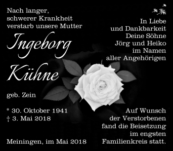 Traueranzeige von Ingeborg Kühne von Südthüringer Presse