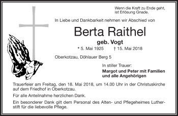 Traueranzeige von Berta Raithel von Frankenpost